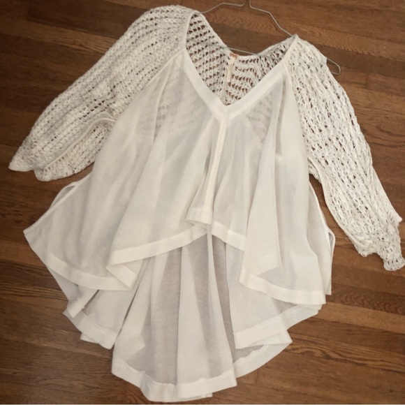 BEAUTIFUL Free People Castaway crochet sleeve top ivory women’s small oversized - Picture 2 of 13